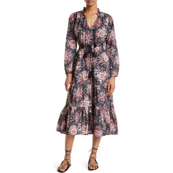New MILLE Astrid Tasseled Midi Dress $248 SMALL Bloomsbury Floral Long Sleeve - Picture 4 of 8